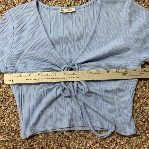 Zara Light Blue Ribbed V-Neck Short Sleeve Crop Top with Front Tie Detail Size L - Picture 7 of 8